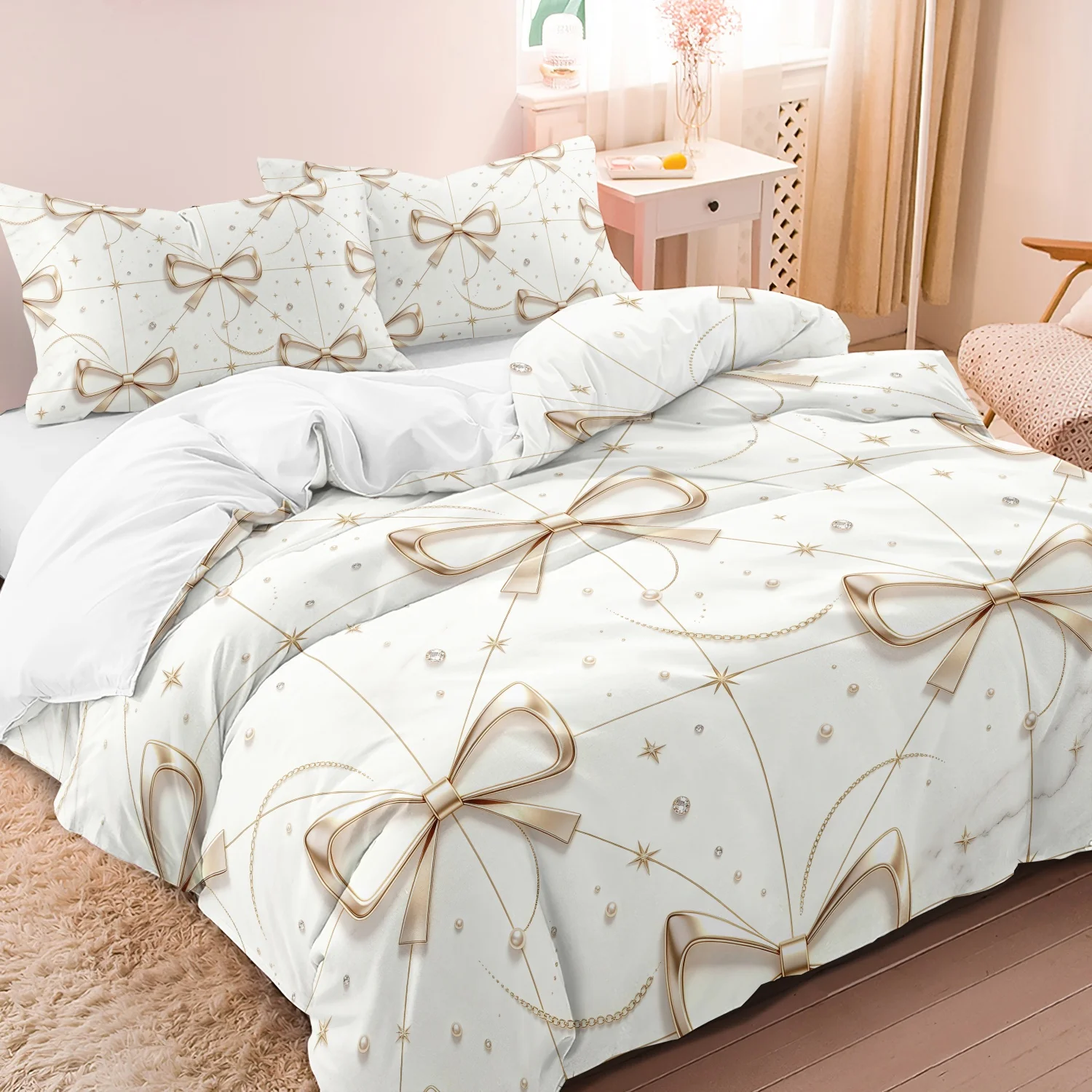 3pcs Gold Bow Bedding Duvet Cover Set, White Golden Bow Star Chain Pattern Bedding, For Family Bedrooms Dormitories Hotels