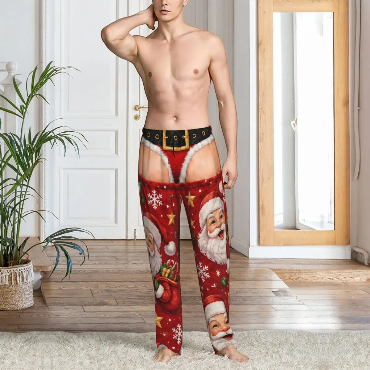 Merry Christmas Santa Claus Snowman Mens Pajama Pants Stretch Comfy Lounge Pants Sleep Bottoms with Pockets