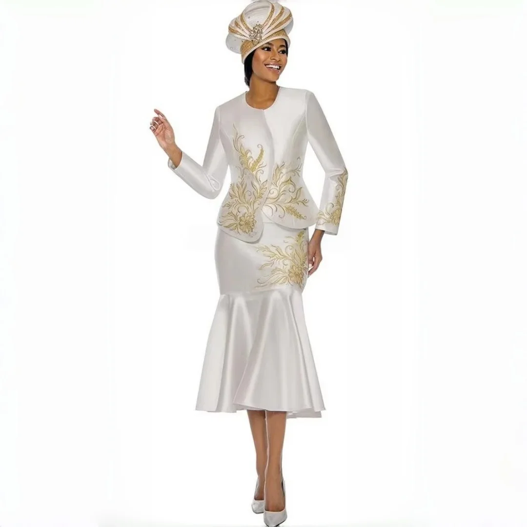 Elegant White Satin Mother of the Bride Suit Dress Long Sleeve Jacket Midi Length Gold Embroidery Wedding Party Gown Customized