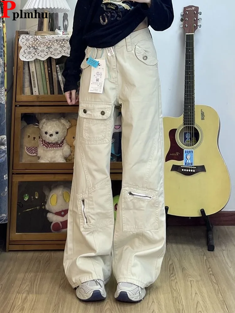 Pantalones acampanados Beige, Pantalones Cargo informales, diseño de moda de Corea, Pantalones Vintage Spodnie, ropa nueva para mujer, Broek con corte de bota