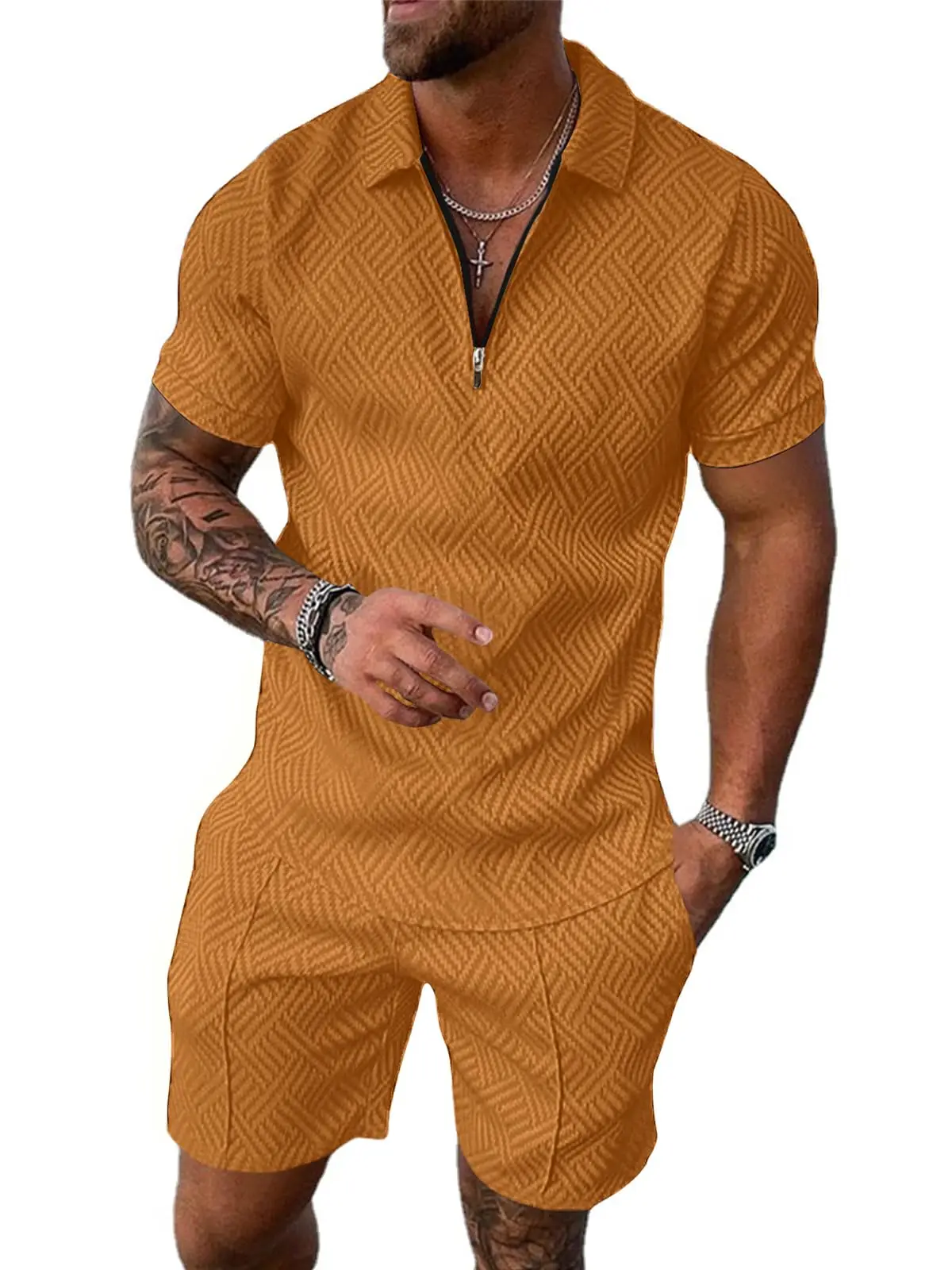 

Men's Sportswear set, men's Zipper Polo Shirt set, Solid Color 3D Printed Casual Zipper Polo Shirt + Shorts 2-piece Sportswear