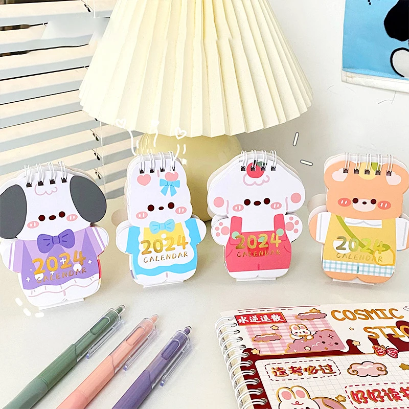 2024 Cute Coil Desk Calendar Cartoon Bunny Bear Puppy Student Desktop Decoration Daily Scheduler Agenda Planner Mini Calendar