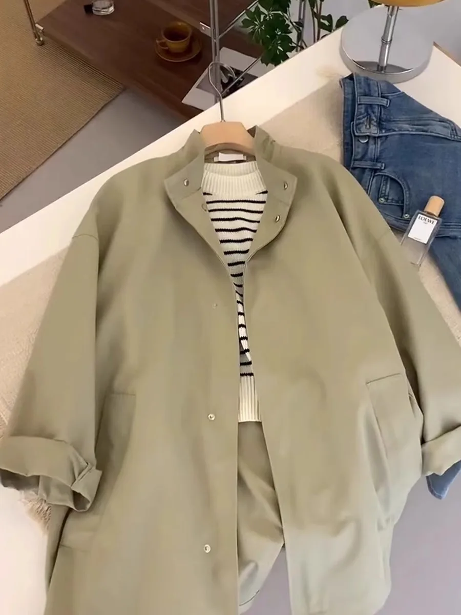 

Woman Trench Coat Lace-Up Cropped Collar Wide Shoulder Windbreaker Fall Commuting Daily Office Notched Lapel Sleeve Outerwears