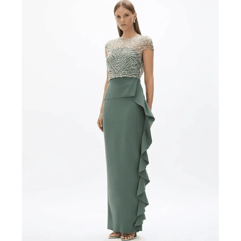 

Green Evening Dresses O NeCK Short Sleeves Mermaid High Quality Floor Length Sequins Celebrity Female Prom Party Banquet Gowns