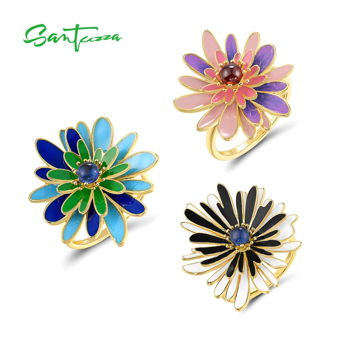 

Кольца SANTUZZA из стерлингового серебра 925 пробы для женщин, зеленые/синие/розовые/фиолетовые/черные с эмалью, очаровательные цветочные кольца с ромашками, подарки для вечеринок, изысканные ювелирные изделия