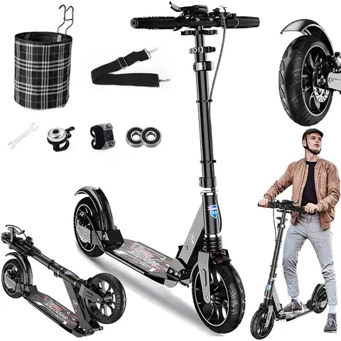 Kick Scooter for Ages 6+Kid Teens Adults Max Load 300 LBS 4 Adjustable Levels 200mm Big Wheel Folding Scooter Lightweight Alumi