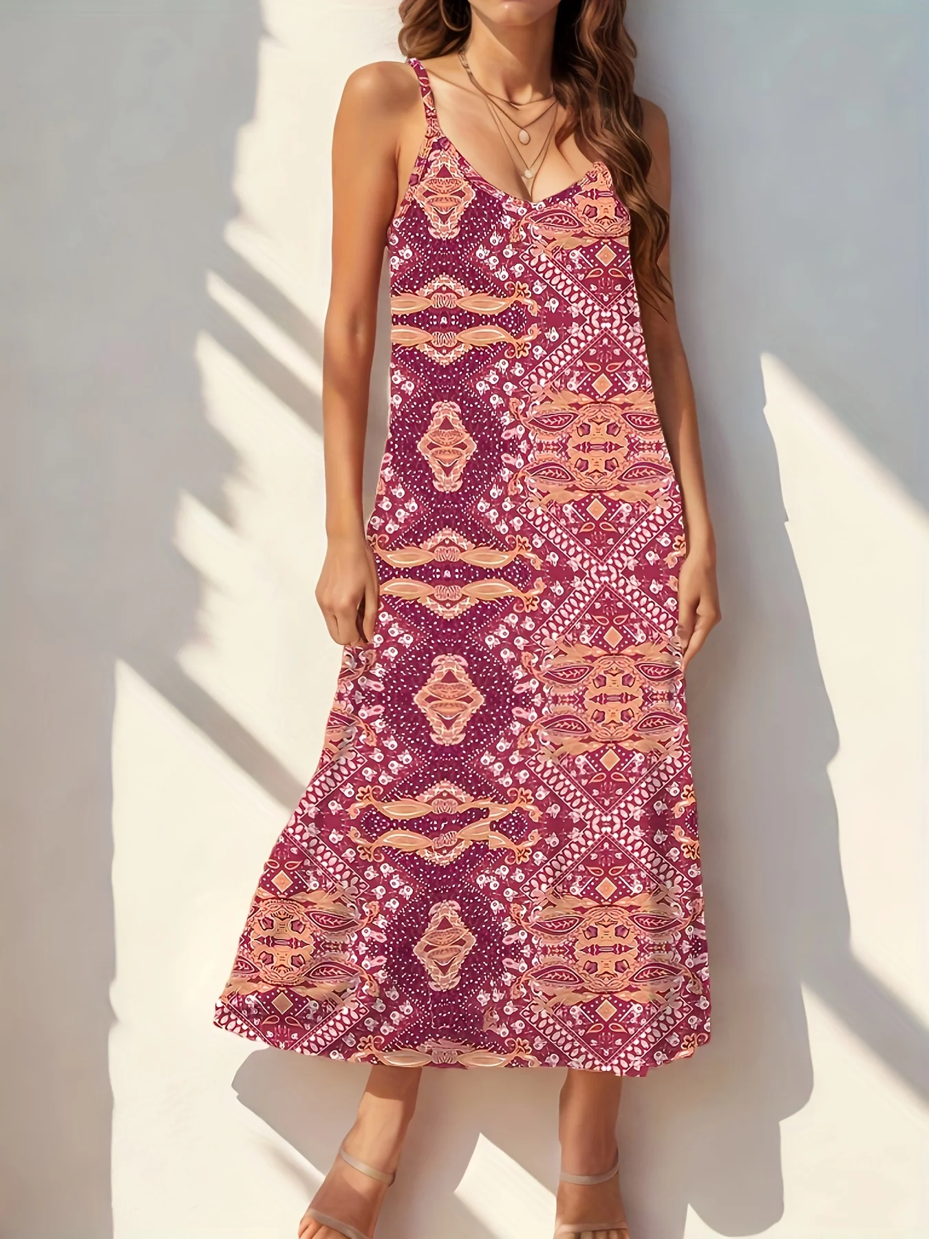 Women's Spaghetti Strap Burgundy Geometric Pattern Ethnic Boho Bodycon Dress Summer Party Vacation Casual Sundress