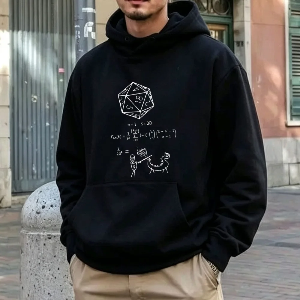 D20 Dice Math Formula Dragon Stick Figure Sketch Print Men Pullover Hoodie Dungeons Dragons Tabletop RPG Gamer Hooded Sweatshirt