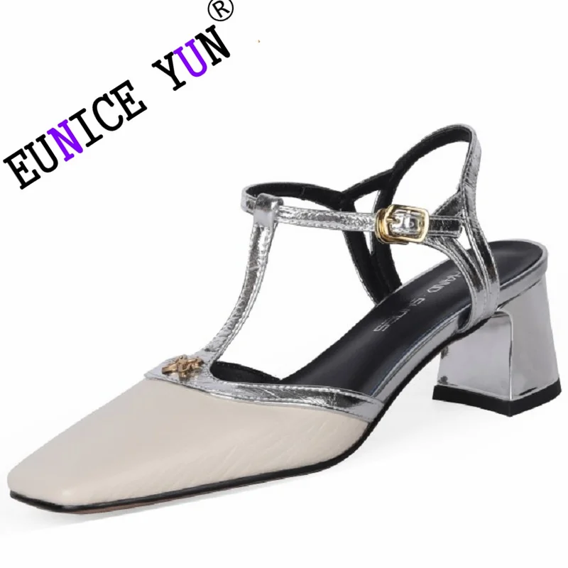 

【EUNICE YUN】Elegant Women Shoes Summer Gladiator Sandal Spring Shoes Female Square Closed Toe Vintage Shoes On Heel Roman Style