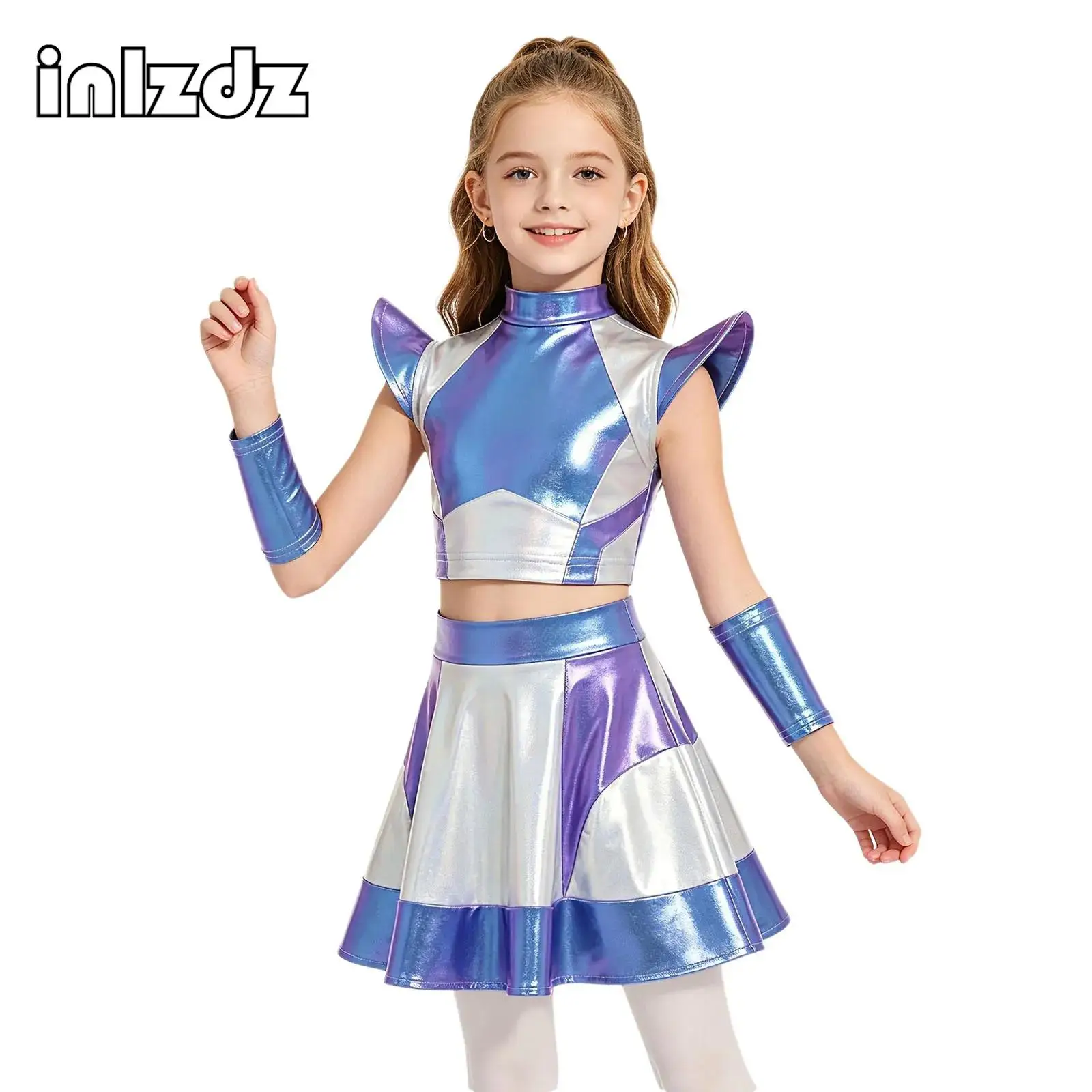 

3 Pcs/Set Girls Halloween Alien Cosplay Costume Outer Space Metallic Color Block Short Top Skirt with Oversleeves for Roleplay
