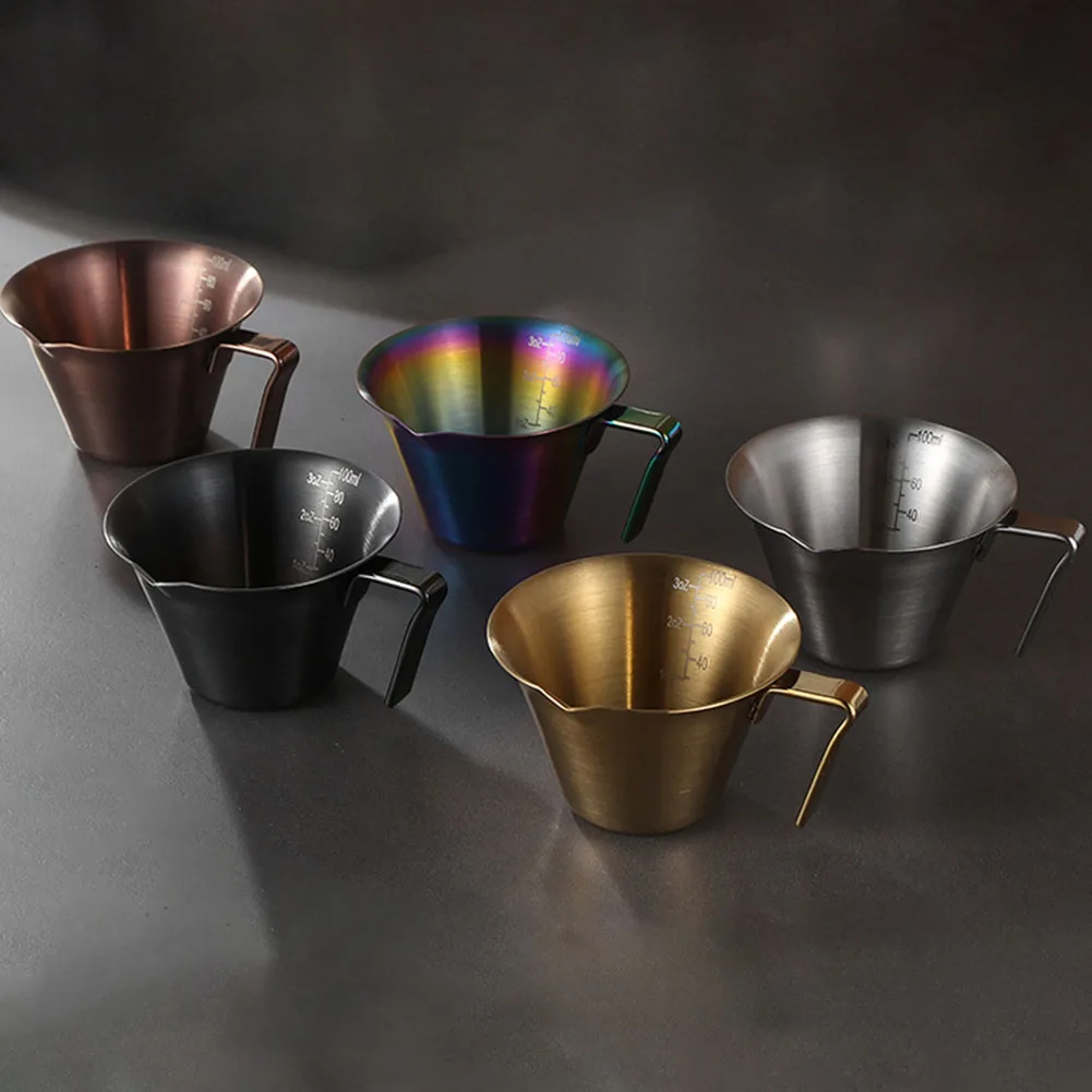 Stainless Steel Espresso Measuring Cup 304 Grade V Spout Handle Dual Scale oz ml 3.4oz Capacity for Daily Coffee Use