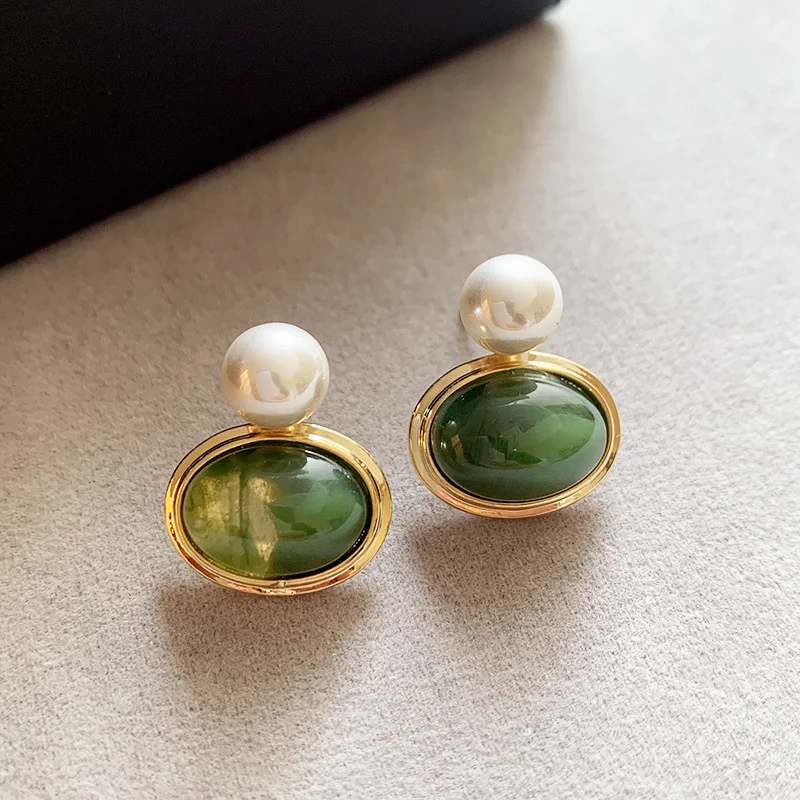 Adolph Trending French Green Stone Ellipse Stud Earring For Women Elegant Texture Korean Cheap Earring Fashion Jewelry Gifts New