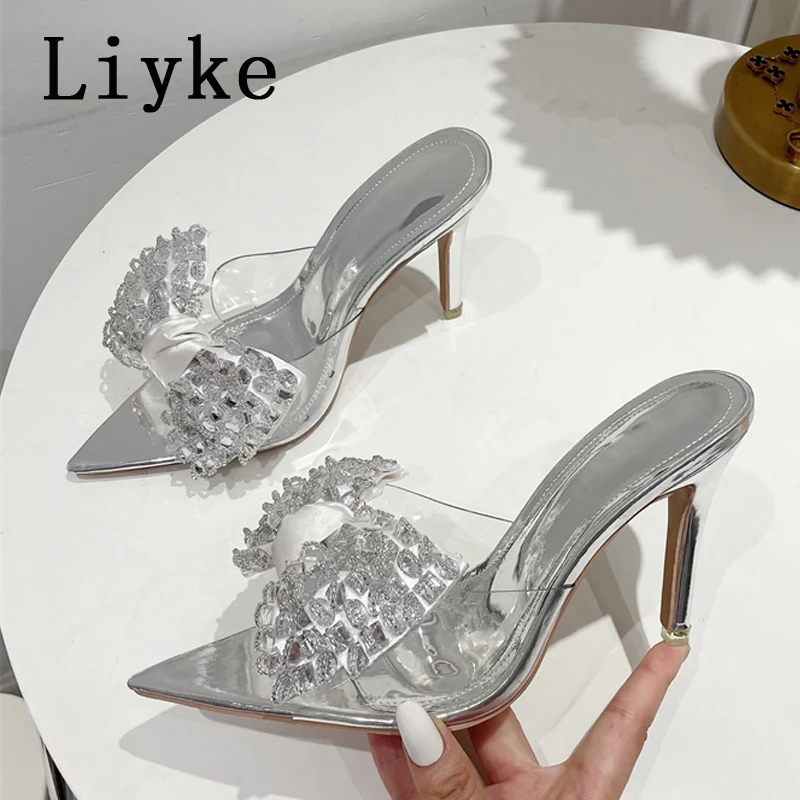 Liyke buty na cienkich wysokich obcasach kobiety kapcie moda kryształ Bowknot PVC przezroczyste sandały Sexy Pointed Toe letnie buty na imprezę bal