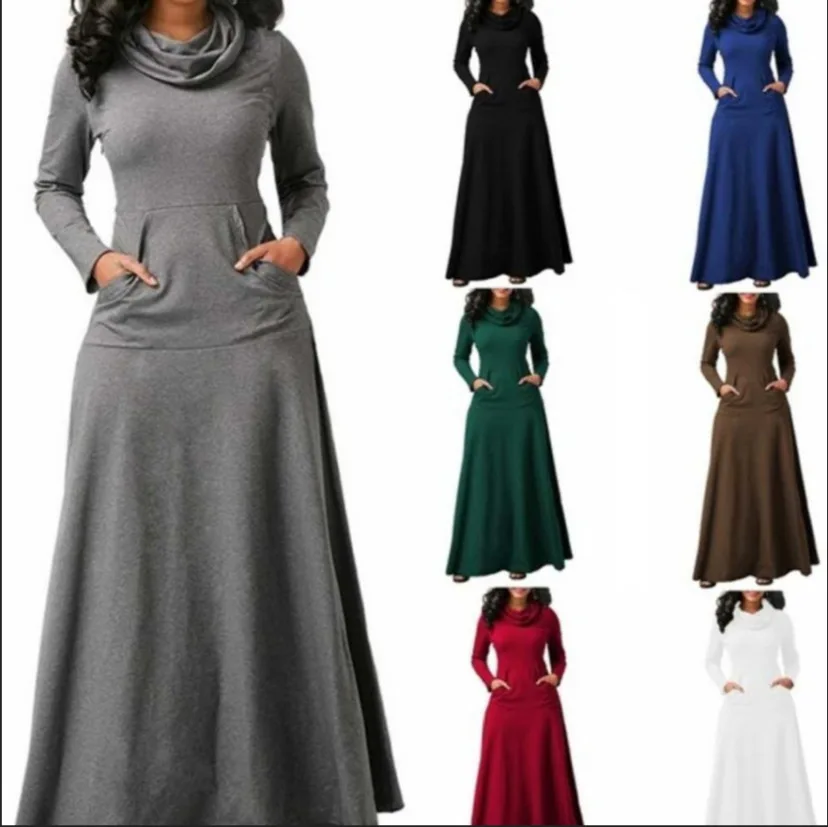 Elegant Women's Long Dresses 2024 New Winter Patchwork Pocket Scarf Maxi Dress Vestidos Abiti Lunghi Robe  Autumn Women Dress