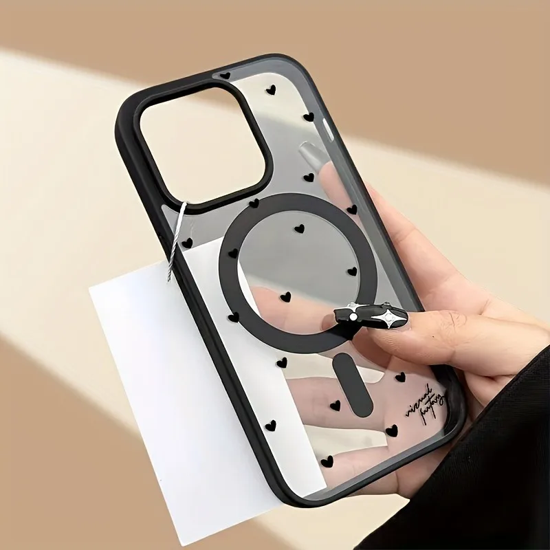 حافظة هاتف مغناطيسية للشحن اللاسلكي لهاتف آيفون 17 13 12 14 15 16 Pro Max 11 16E 16 Plus 17 Air مع غطاء قلب حب أسود