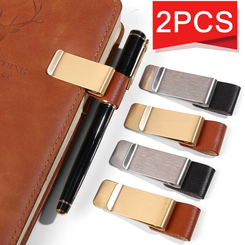 Vintage Metal Leather Pen Holder Clips Journal Notebook Loose Leaf Memo Brass Clip Pen Folder Bookmarks Stationery Office Supply