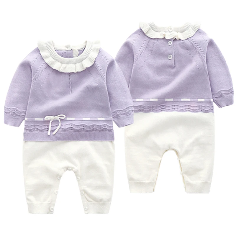 

0-3Y Baby Girls Romper Bow Baby Knitted Romper Ruffle Long Sleeve Autumn Newborn Baby Clothes Infant Baby Jumpsuits Girl Overall