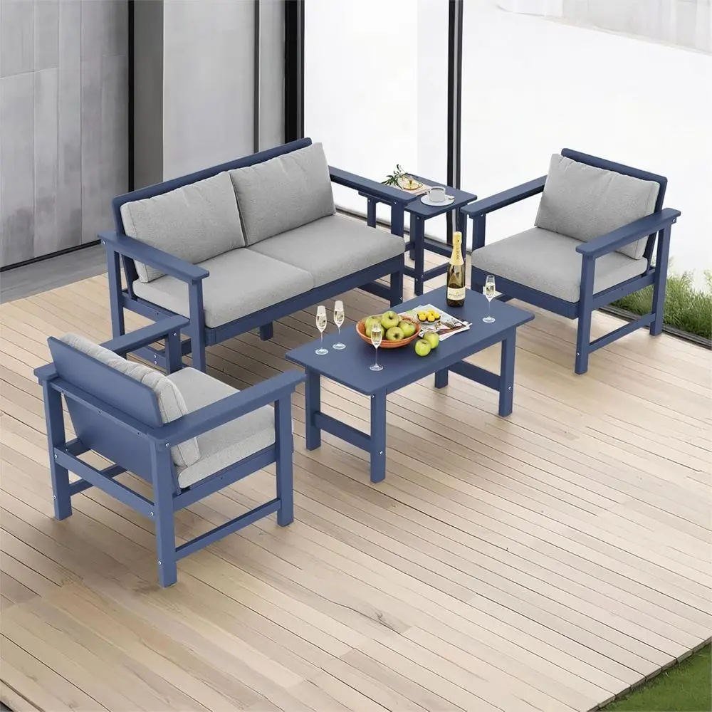 

5-Piece HDPE Outdoor Patio Furniture Set with Cushions, Waterproof, Rust-Resistant, Weather-Resistant, Suitable for Porch, Balco