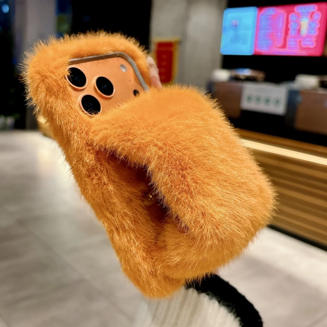 

Solid Color Wrist strap Plush Phone Case For iPhone 17 16 15 14 13 12 11 Pro Max 7 8 Plus X XR XS fluffy Fur Soft Cover Case