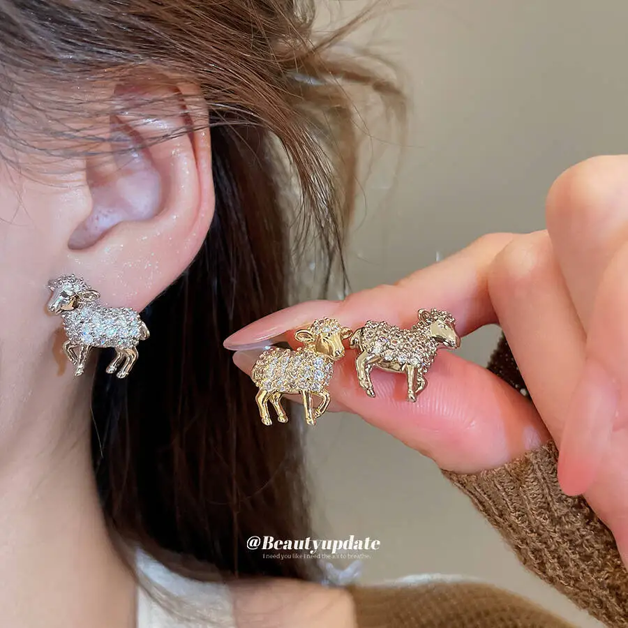 14K Gold Plated Ultra Sparkling Cubic Zirconia Small Sheep Shaped Earrings Exuding Luxurious Sophisticated Vibe With A