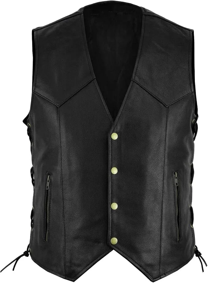 Herren-Bikerweste aus Kunstleder, einreihige, ärmellose Weste mit seitlichen Schnürbändern, ideal für Punk-Looks, Motorradfahrer und den täglichen Gebrauch. – Detail 4
