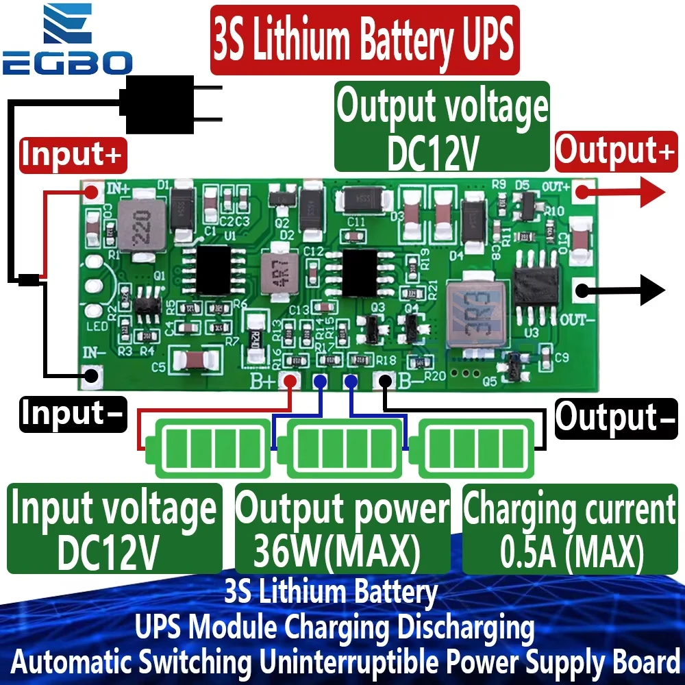 1~10PCS 3S 12V 3A 24W 36W Lithium Battery UPS Module Charging Discharging Automatic Switching Uninterruptible Power Supply Board