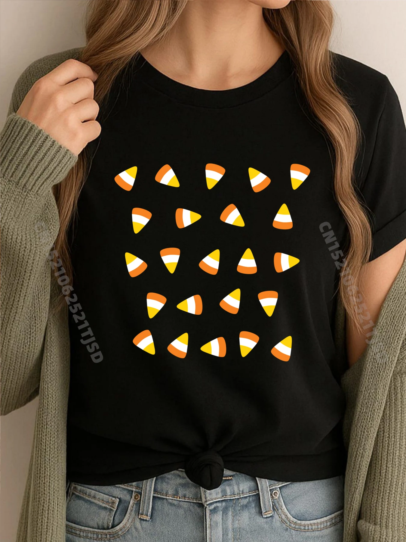 

Конфеты Кукуруза Ленивые несколько конфет Сладости Хэллоуин Сладкий зуб Христианская футболка Женщина Женская Удобная Рождественская классическая футболка