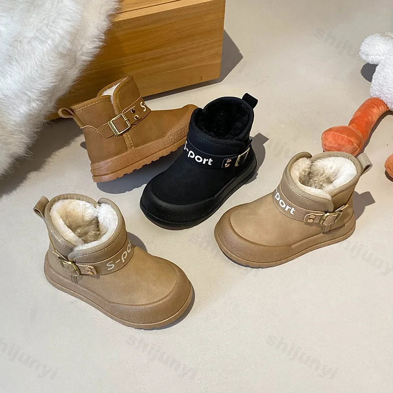 

Детские зимние ботинки, зимние утепленные плюшевые удобные хлопковые туфли для девочек, водонепроницаемая нескользящая модная теплая обувь с пряжкой и ремешком для мальчиков