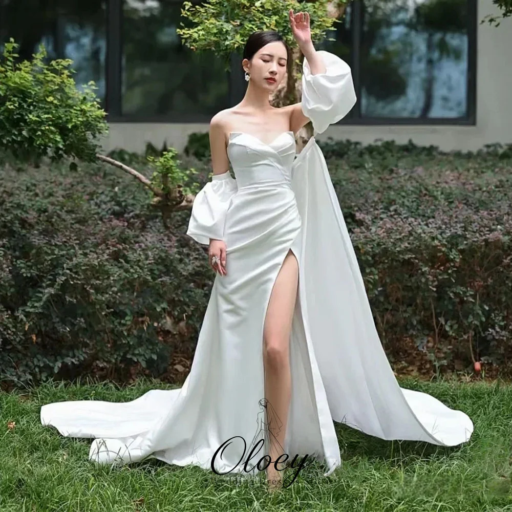 OLOEY Elegant Sweetheart Collar Satin Detachable Puff Sleeve Bridal Gown Side High Slit Mermaid Korea Wedding Dress Photo Shoot
