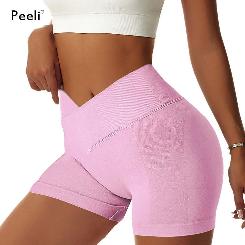 Pantalones cortos de Yoga de cintura cruzada en V para mujer, pantalones cortos de gimnasio sin costuras, pantalones cortos de entrenamiento de