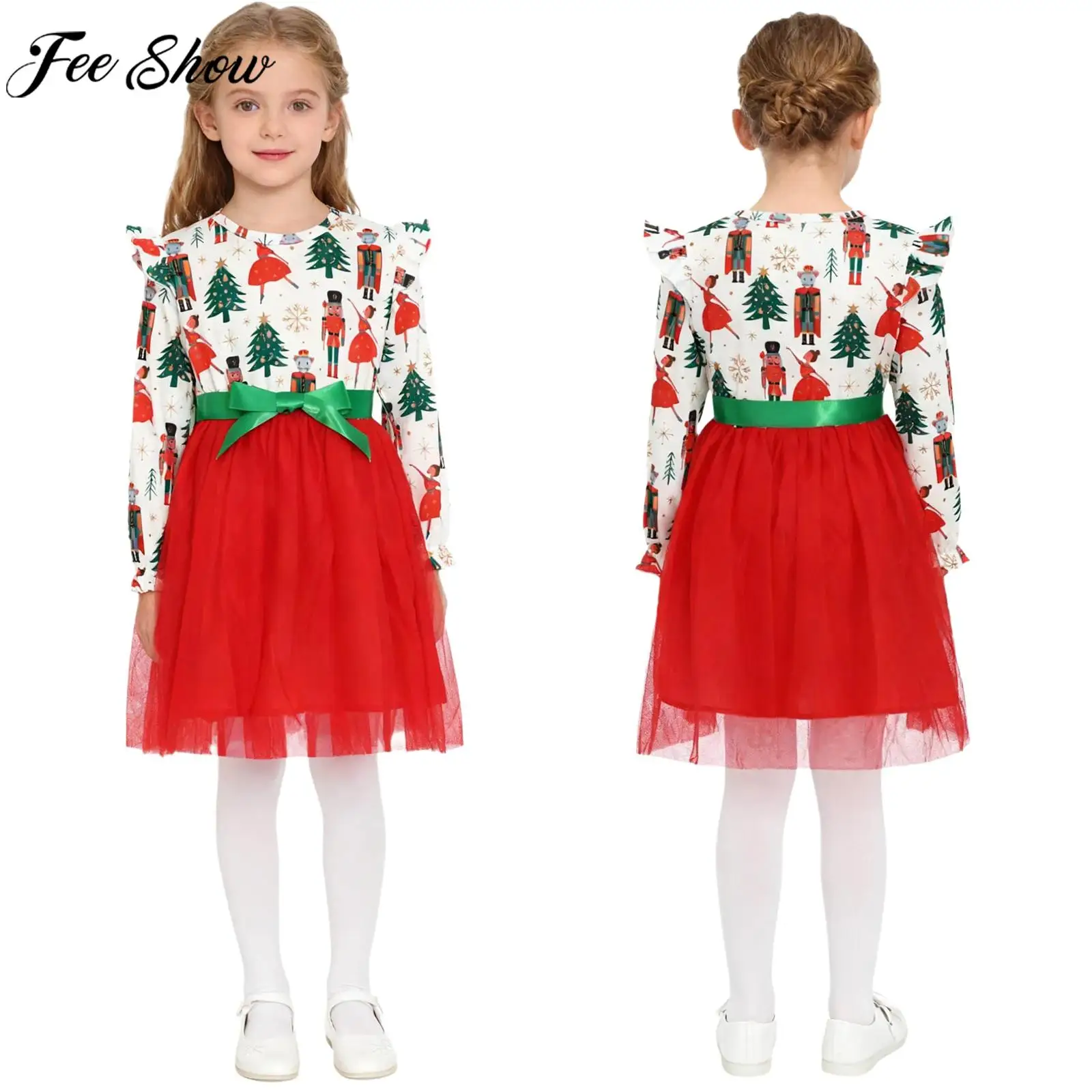 Vestido de princesa navideña para niñas, vestido tutú de tul multicapa con estampado de elementos navideños de manga larga y cinturón de cinta para fiesta de año nuevo