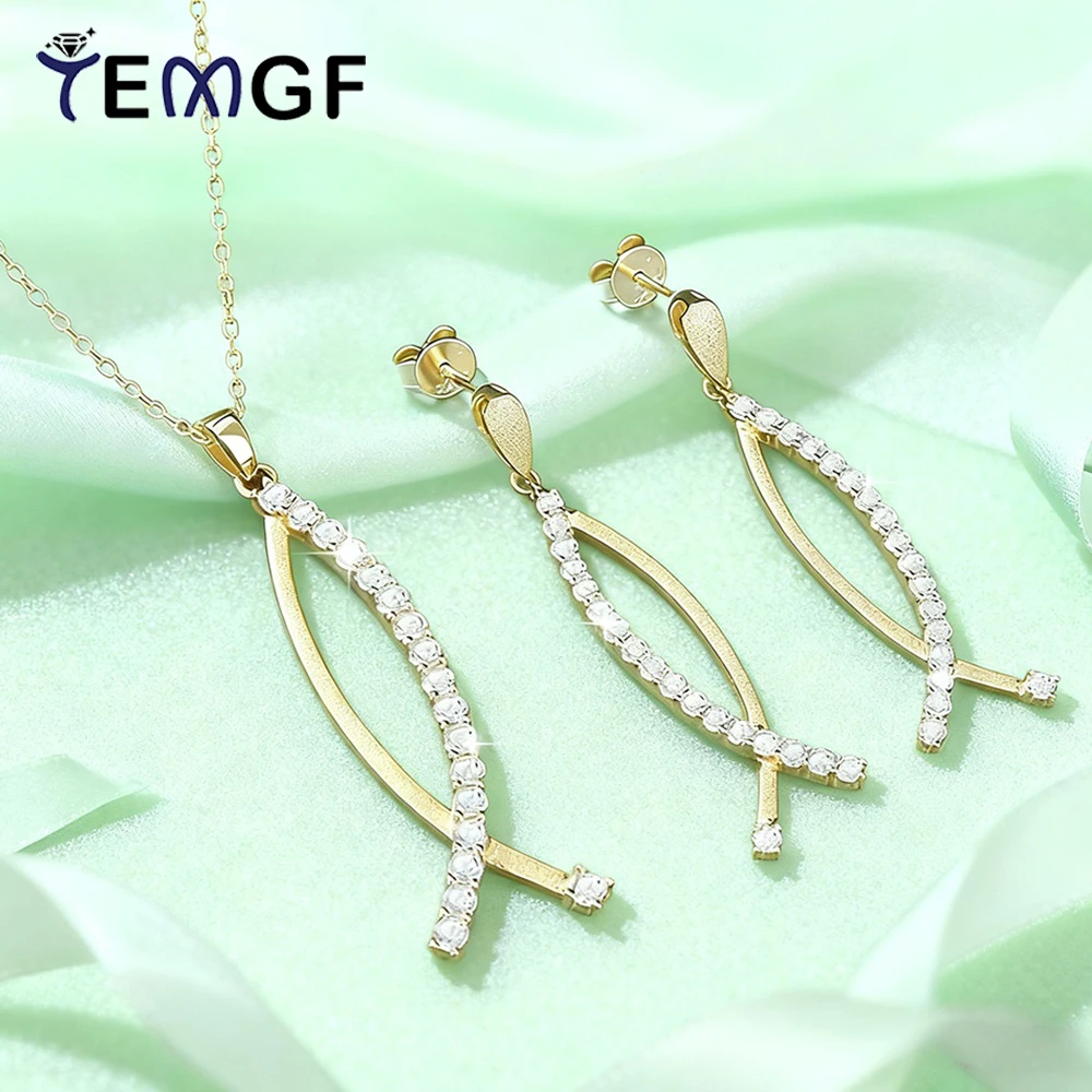 

TEMGF Full 2mm Moissanite Drop Necklace Earrings S925 Silver Fine Shiny Set for Elegant Women Ear Neck Wedding Party Jewelry