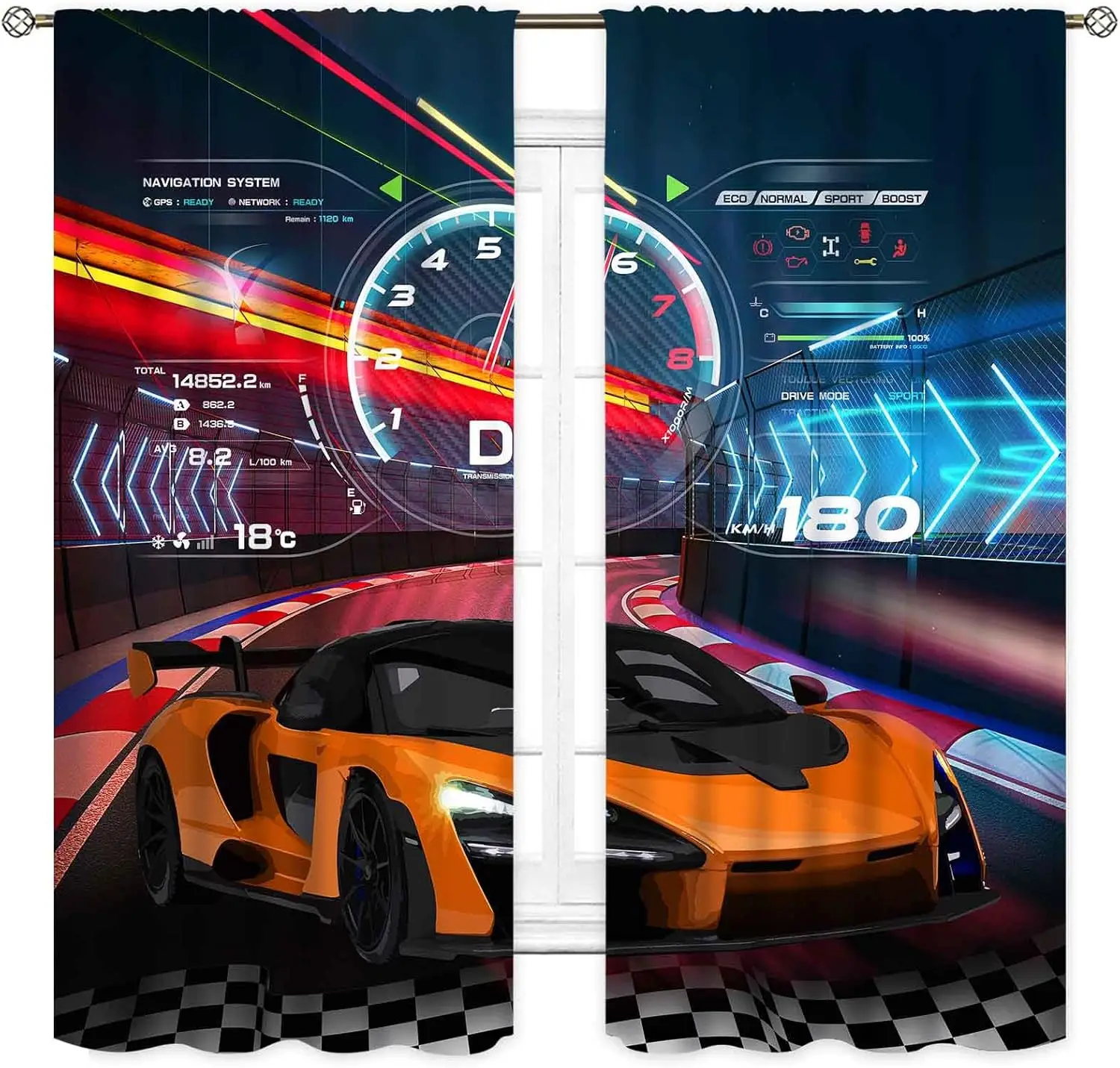 Kids Boys Race Car Curtains, Extreme Sports Car Raing Theme Cool Game Blackout Window Drapes Treatments for Teens Men  2 Panels
