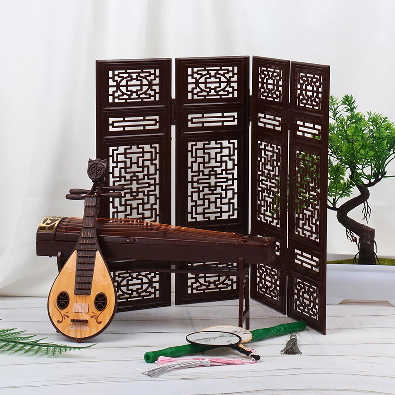 

1:12 Dollhouse Miniature Folding Screen & Musical Instruments - Flute/Lute/Guzheng Fan Scene Ornaments