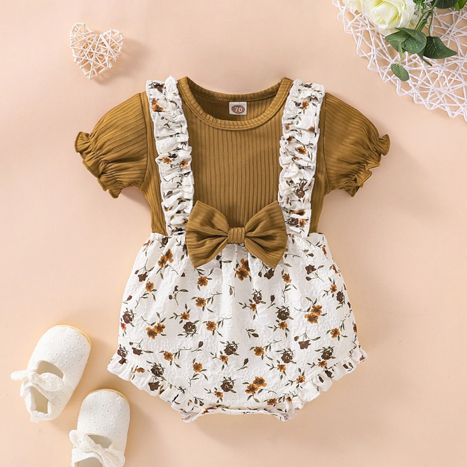 Baby Summer New Bag Fart Clothes Female Baby Lace Flying Sleeve Onesie Foreign Style Rose Print Princess Ha Clothes