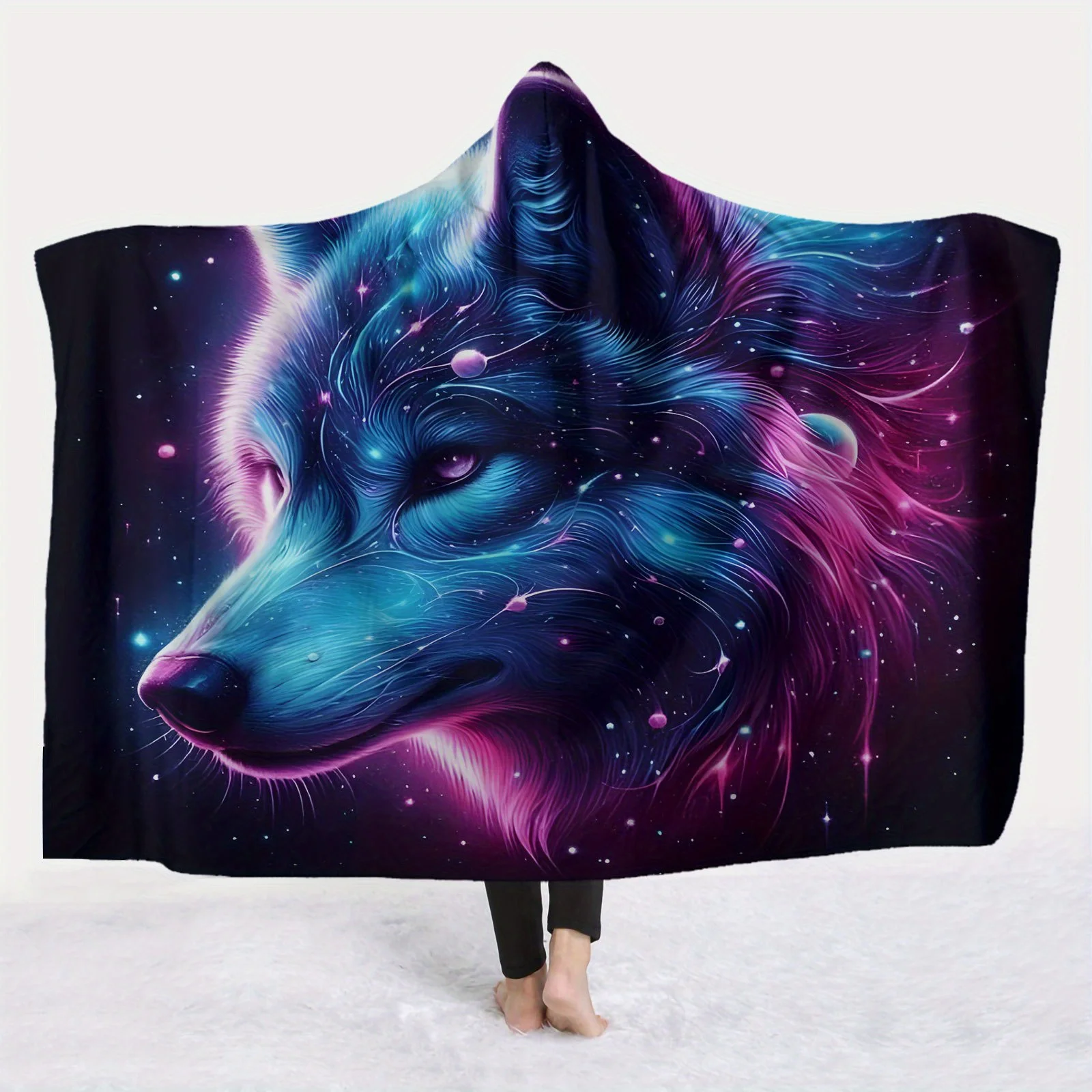 1pc Interstellar Wolf Spirit Light Comfortable Hooded Blanket Soft Warm Flannel, Digital Print | Suitable for Sofa, Office Use