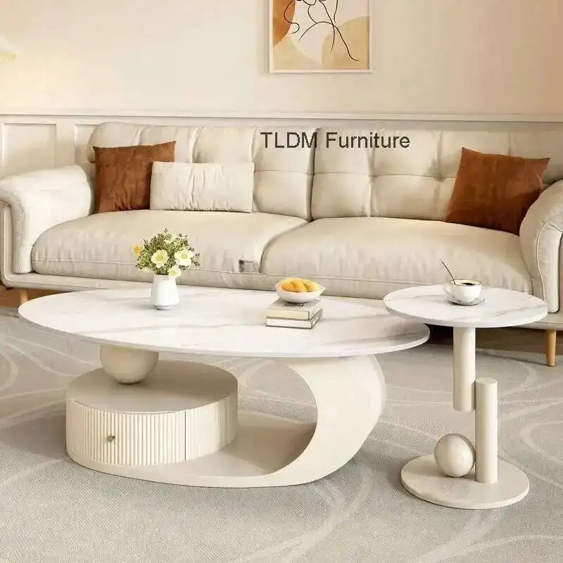

for Office Light Table Luxury Coffee Italian High-end Rock Board Smooth Tables Cream Style Unique Oval Side Table for Apartment