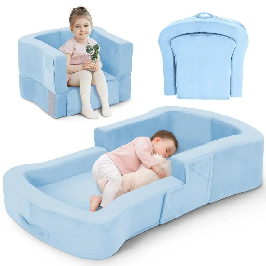 

Travel Bed, 2in1 Foldable Portable Toddler Bed Sofa Chair, Soft Baby Kids Travel Floor Cot with Washable Covers Safety Foam Rai