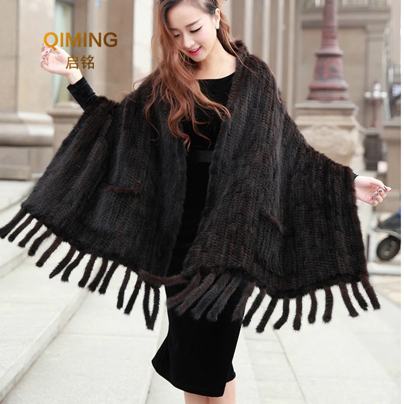 Women Real Mink Fur Shawl Knitted Big Size With Tassels Female Real Fur Capes and Wraps Pashmina Luxury Winter Scarf Coats