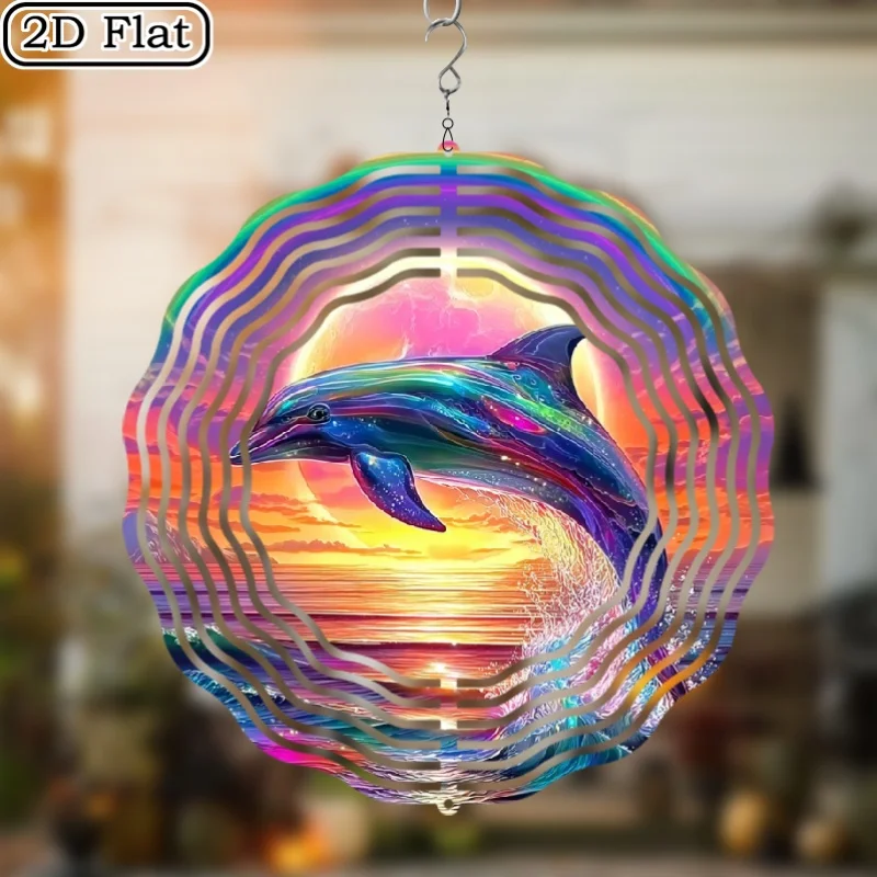 1pc Metal Dolphin Sunset Metal Wind Chime - Durable Iron Hanging Dynamic Garden Decoration, Moonlight Sea Wave Colorful Sea View
