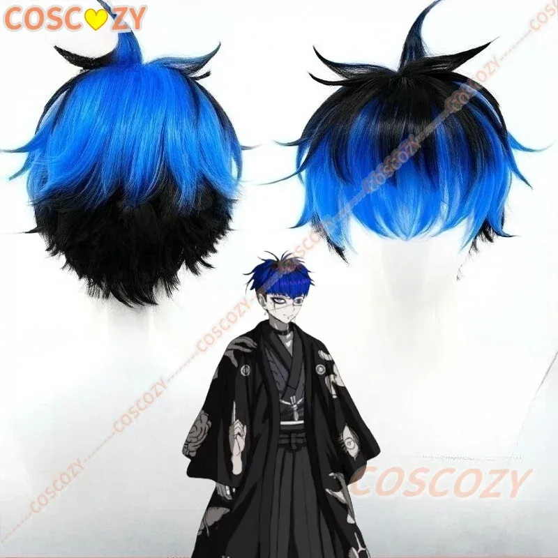 لعبة مائة خط Omokage Yugamu شعر مستعار تأثيري قصير الطبقات الشعر الأزرق مع جذور سوداء وأطراف مقلية شعر مستعار تأثيري للاتحاد