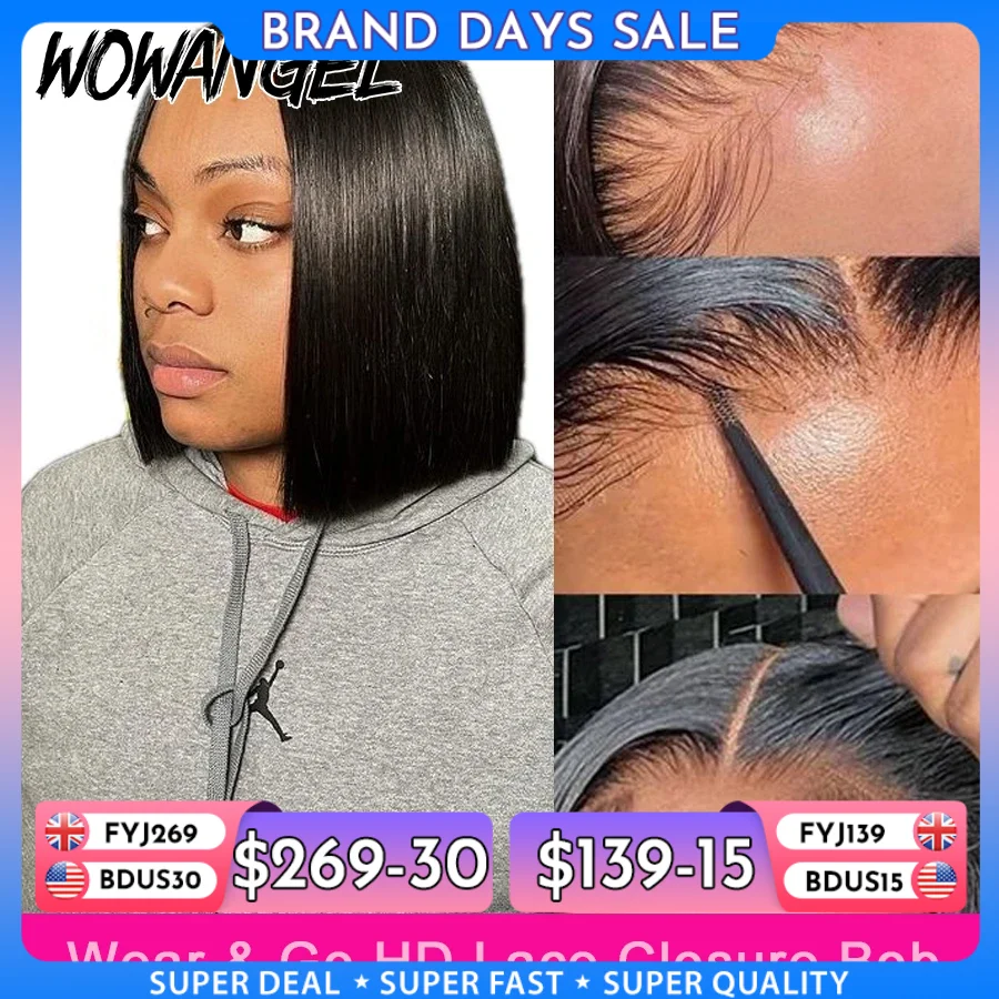 Wow Angel Straight Short Bob 5x5 HD-Spitzenverschluss-Perücke, bereit zum Mitnehmen, leimlose Echthaar-Perücken, nicht nachweisbare vorgezupfte Perücken für Frauen