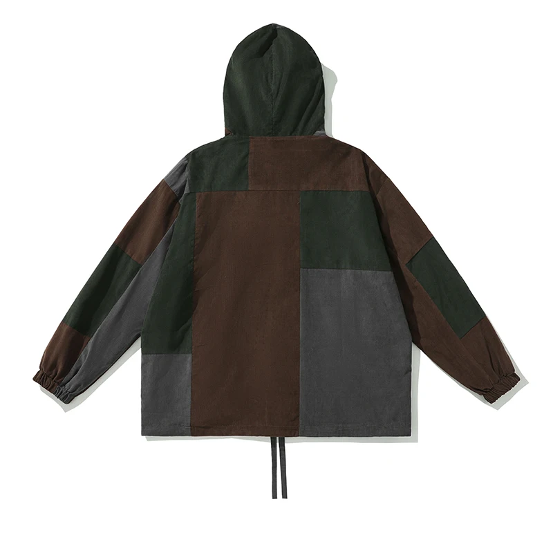 Patchwork corduroy coloured block hooded jacket for men and women