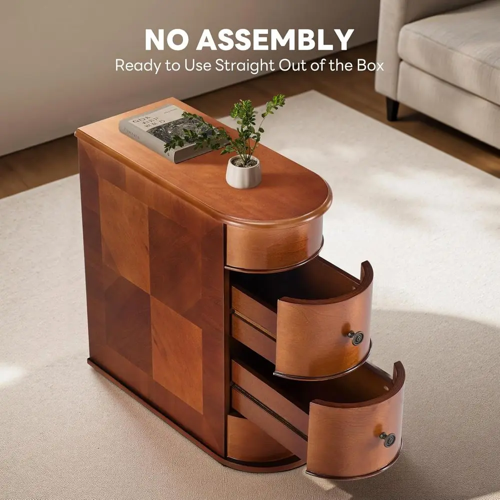 منضدة خشبية بنية عتيقة مع درجين، حافة منحنية، منظم رفيع لغرفة المعيشة وغرفة النوم