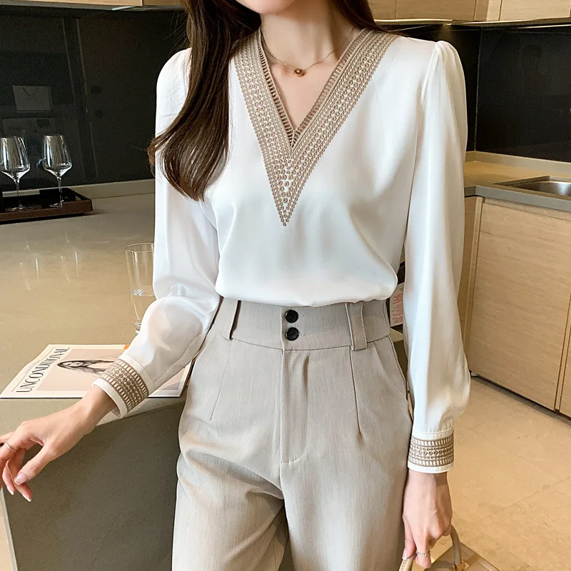 Spring and Autumn Shirt Women's Long Sleeve New Fashionable and Versatile V-neck Satin Chiffon Top 13366