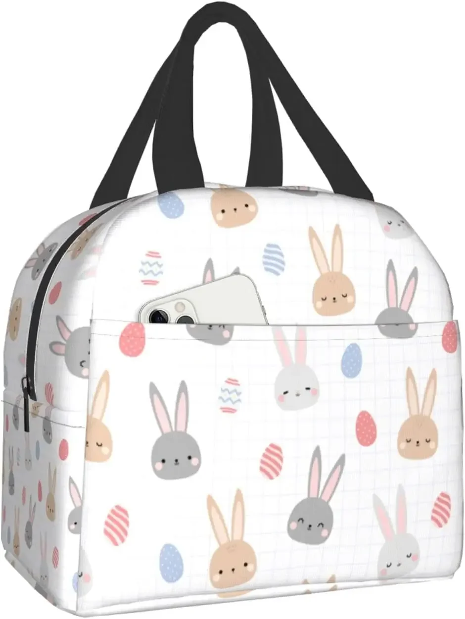 

Cute Rabbit Bunny Easter Egg Cartoon Lunch Box Bento Box Reusable Waterproof Lunch Bag With Front Pocket For Office Picnic