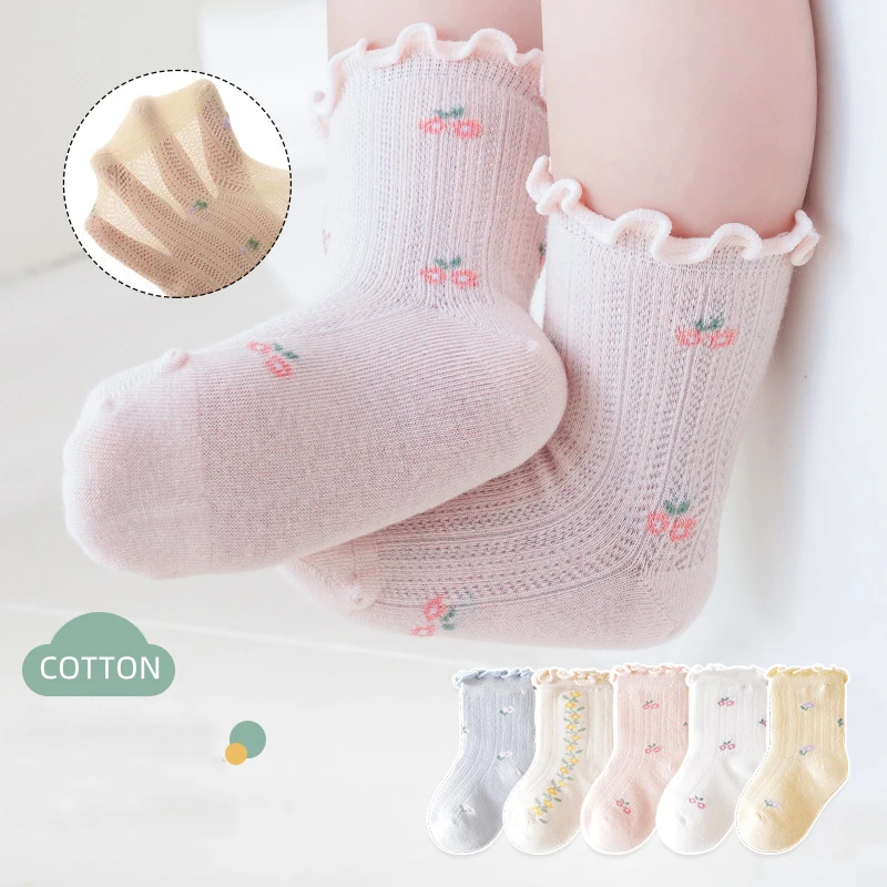

Floral Print Baby Mesh Socks Summer Thin Breathable Princess Girl Middle Tube Socks Rolled Edge Kids Cotton Socks