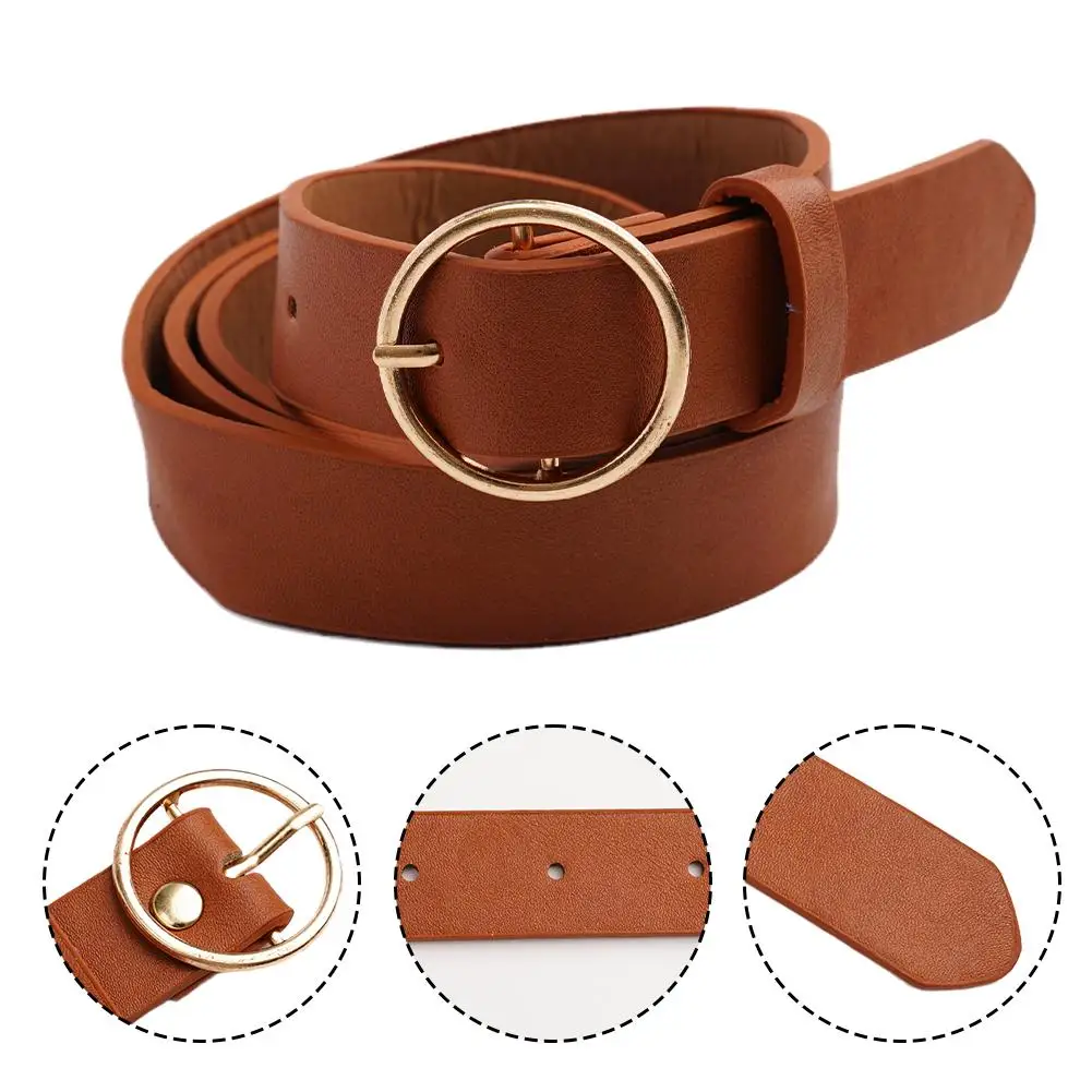 New Women's Belt Fashion Gold Round Leather Metal Buckle Belt Personalized Casual Paired With Long Pants Jeans Soft Belt