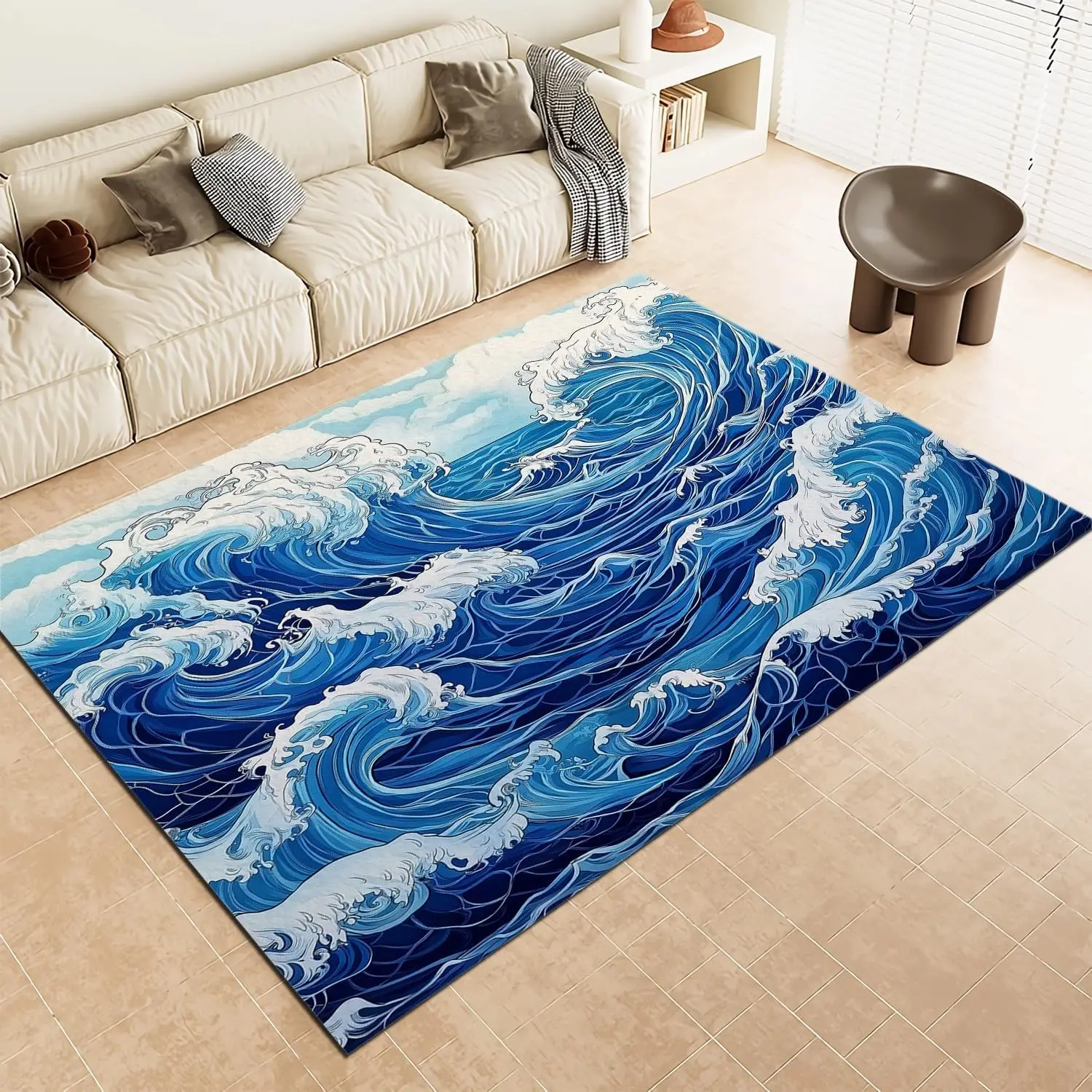 

Моющийся ковер для гостиной, спальни, прямоугольный нескользящий ковер с гигантским серфингом и принтом морской волны, ковер с низким ворсом в мультяшном стиле Hom
