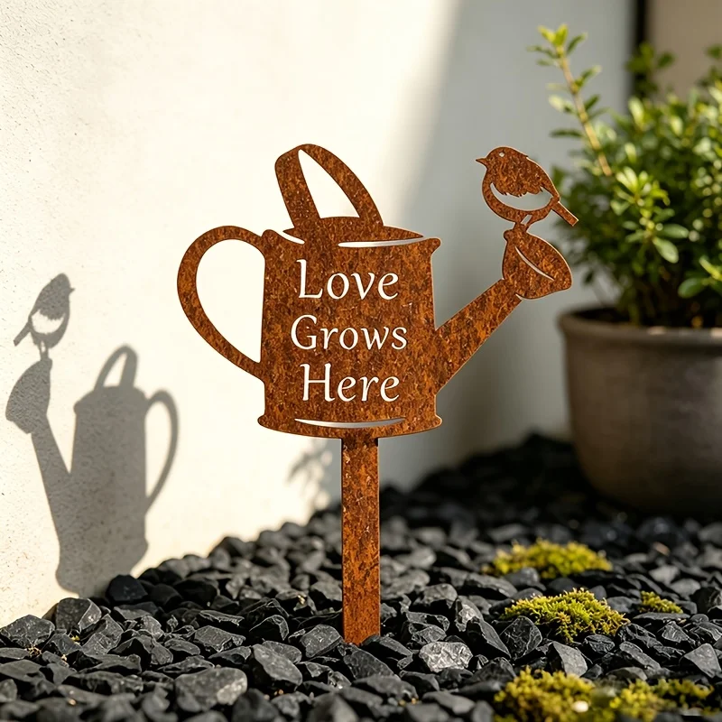 Rusty Metal Watering Can Garden Stake with Robin Bird, Water Can Theme with 